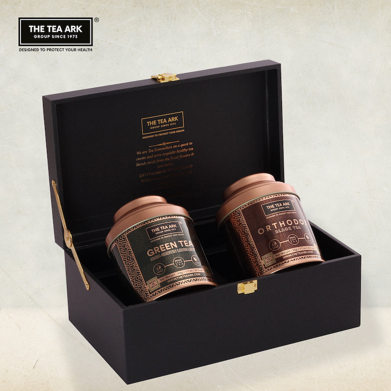 The Tea Ark Delight Gift Box with Orthodox Black Tea & High Grown Long Leaf Green Tea (2 x 50g) Tins