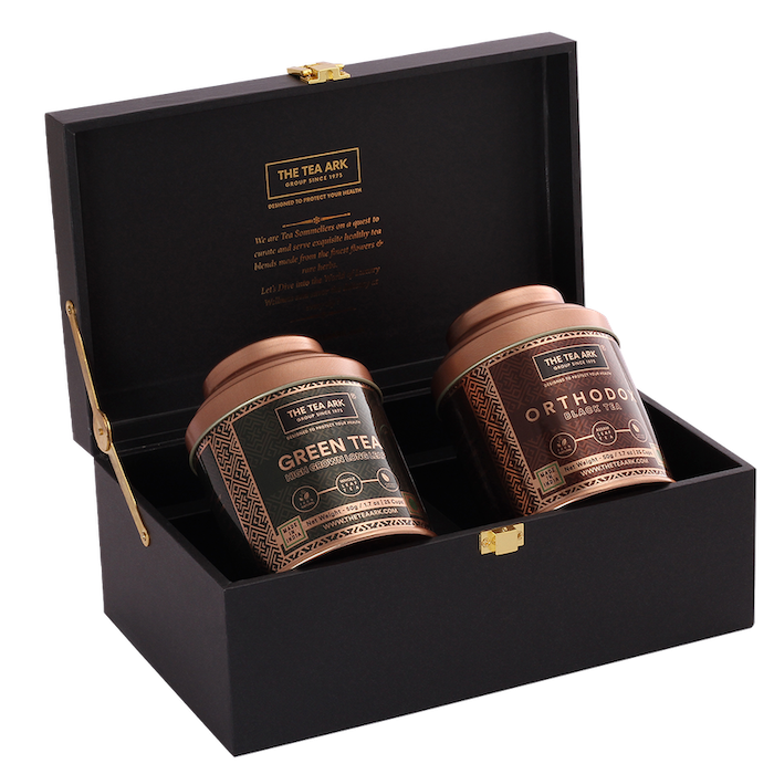 The Tea Ark Delight Gift Box with Orthodox Black Tea & High Grown Long Leaf Green Tea (2 x 50g) Tins