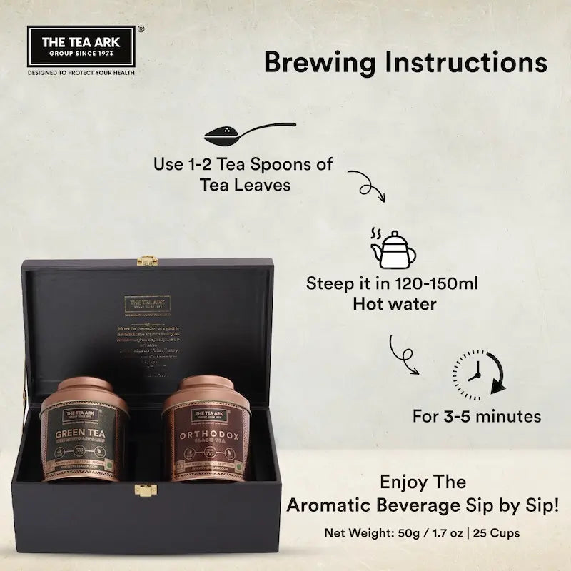 The Tea Ark Delight Gift Box with Orthodox Black Tea & High Grown Long Leaf Green Tea (2 x 50g) Tins