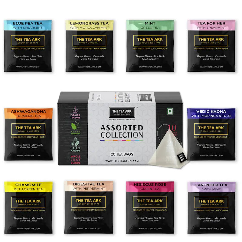 The Tea Ark Assorted Collection Pyramid Tea Bags, 10 Variants with 2 Pcs Each, Whole Leaf Blends, Sampler Pack - 20 Tea Bags