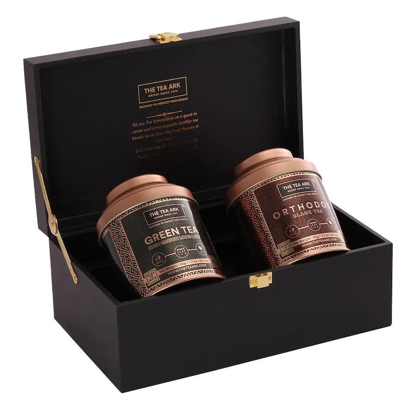 The Tea Ark Delight Gift Box with Orthodox Black Tea & High Grown Long Leaf Green Tea (2 x 50g) Tins